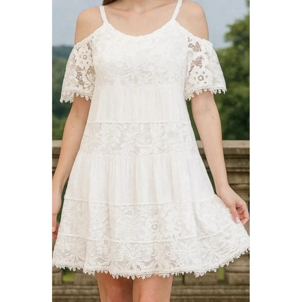 Robbie Bee Women's Petite Ivory Cold-Shoulder Gauze Lace Shift Dress - Large NWT
